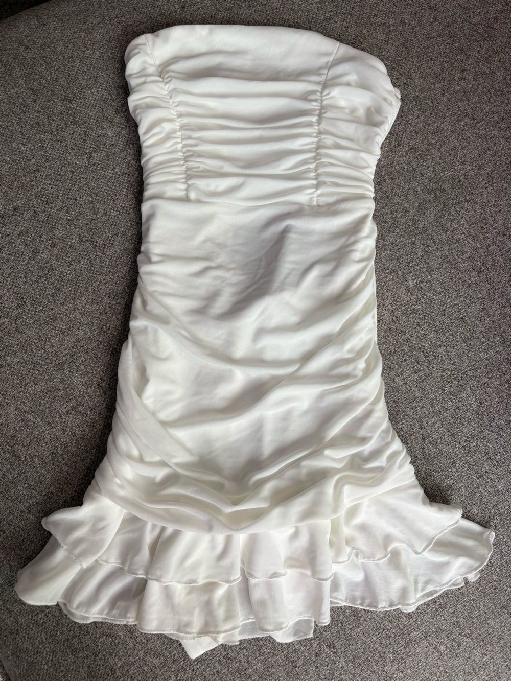 Women’s White Strapless Ruffled Mini Dress with Tie Back